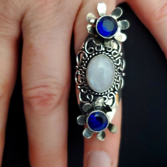New Unique Rainbow Moonstone & London Blue Topaz 925 Silver Flowers Ring. - Picture 10 of 12